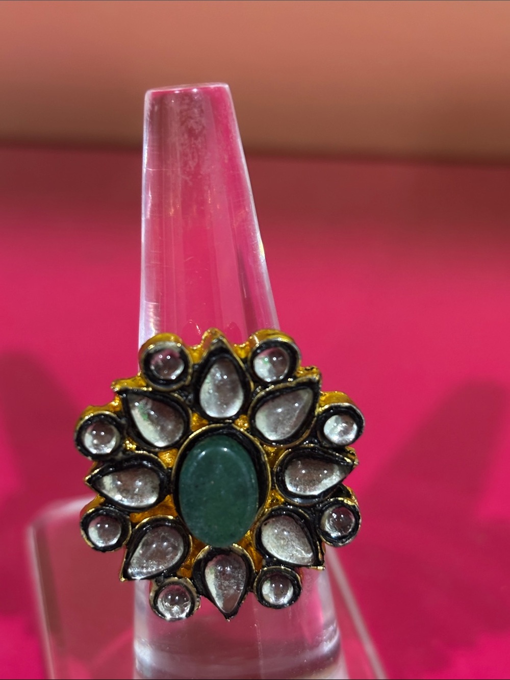 Green Stone Floral Kundan Ring - Gold Tone